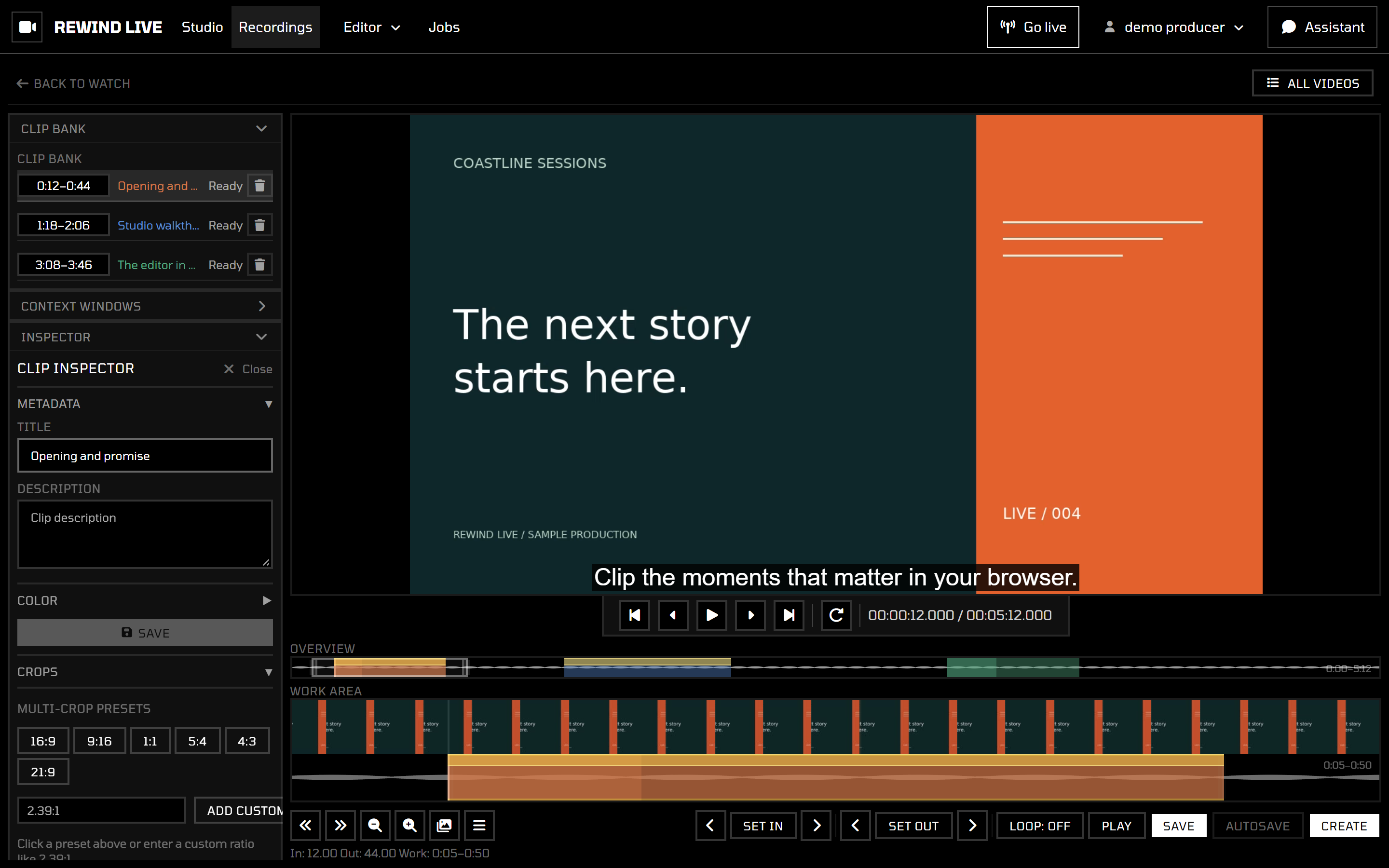 Cut shows the recording, saved clips, and a close-up of the selected moment.