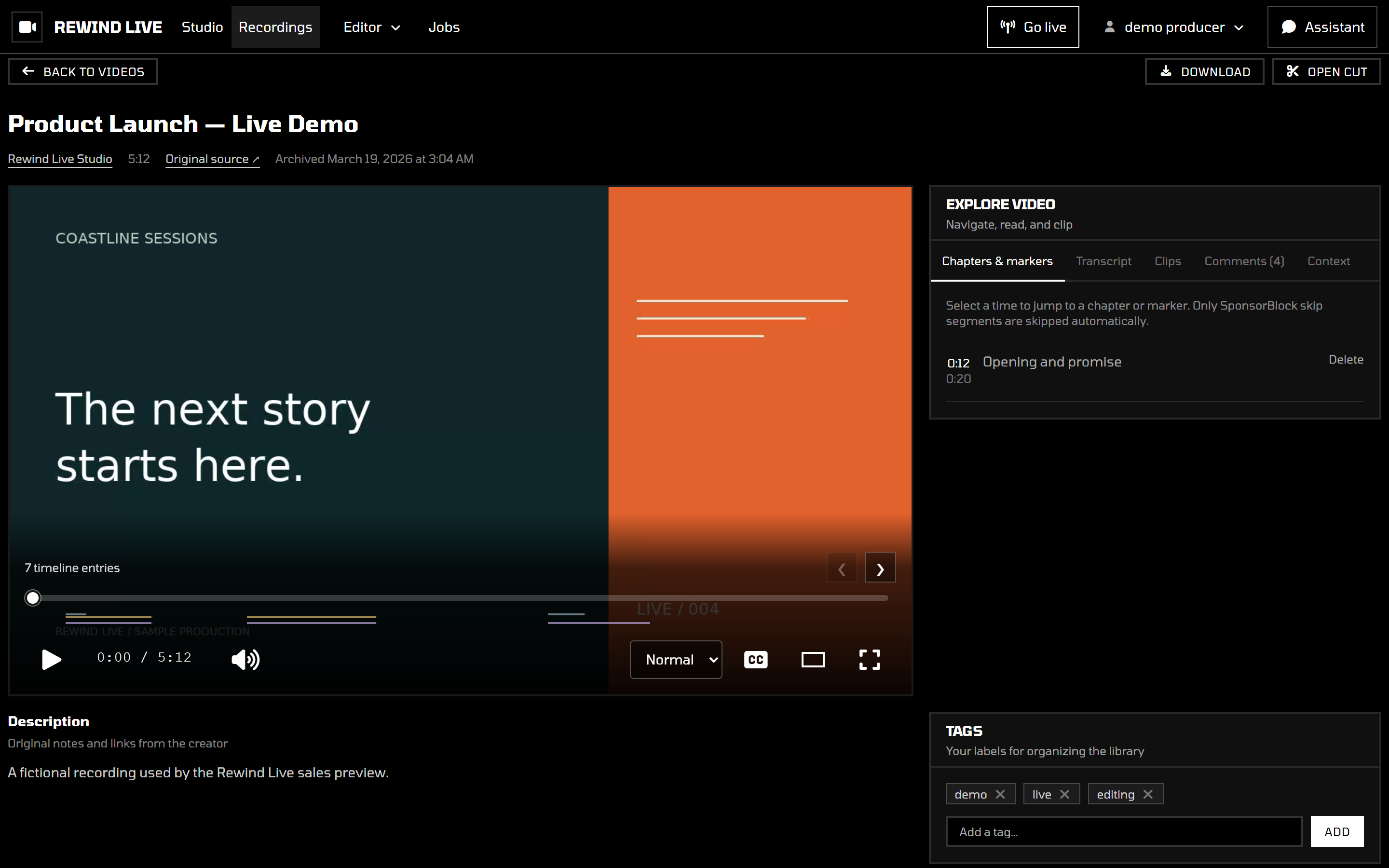 A finished recording playing in the browser.