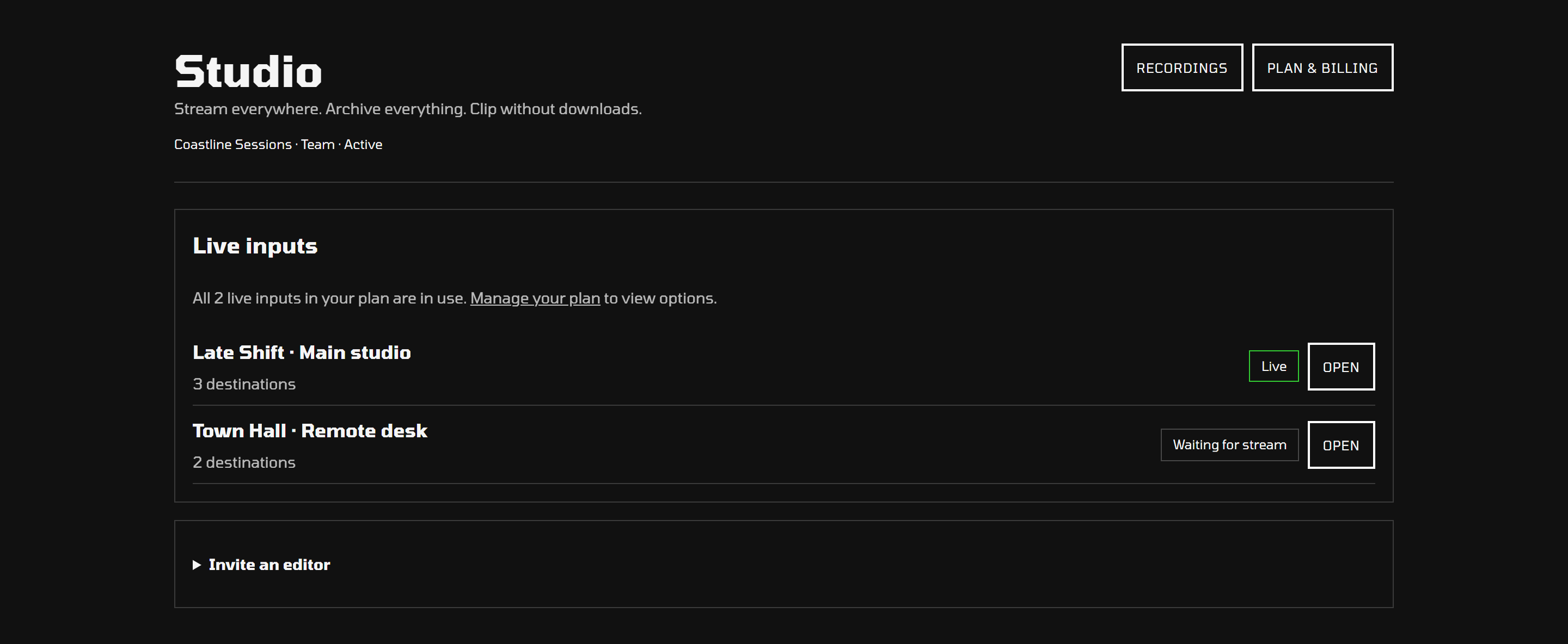 Named live inputs and their destination settings in Studio.